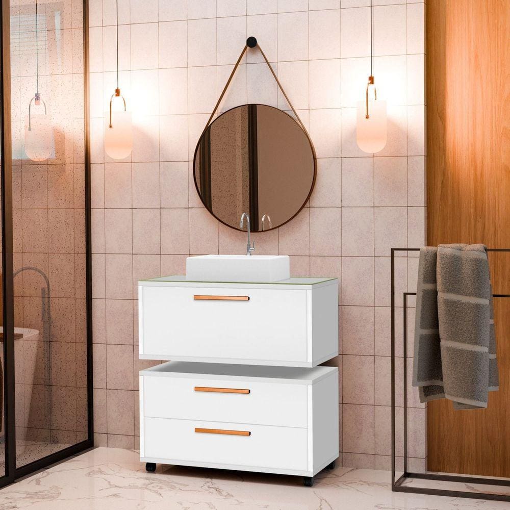Conjunto Gabinete para Banheiro com Rodízio, Cuba e Espelho Kyoto 80 com Tampo de Vidro Branco