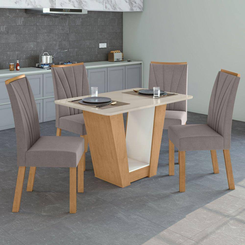 Conjunto Mesa 120cm Apogeu com Vidro e 4 Cadeiras Apogeu Amêndoa Clean/Off White/ Capuccino