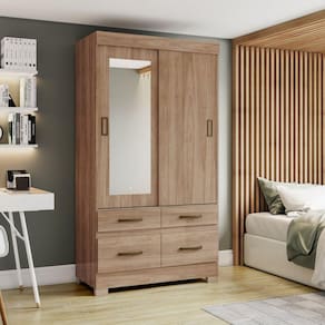 Guarda-roupa 2 Portas Deslizantes 4 Gavetas com Espelho B25 Jequitibá Brilho