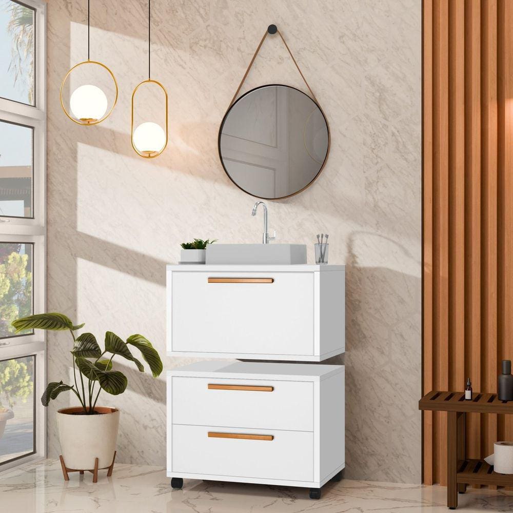 Conjunto Gabinete para Banheiro com Rodízio, Cuba e Espelho Kyoto 60 Branco