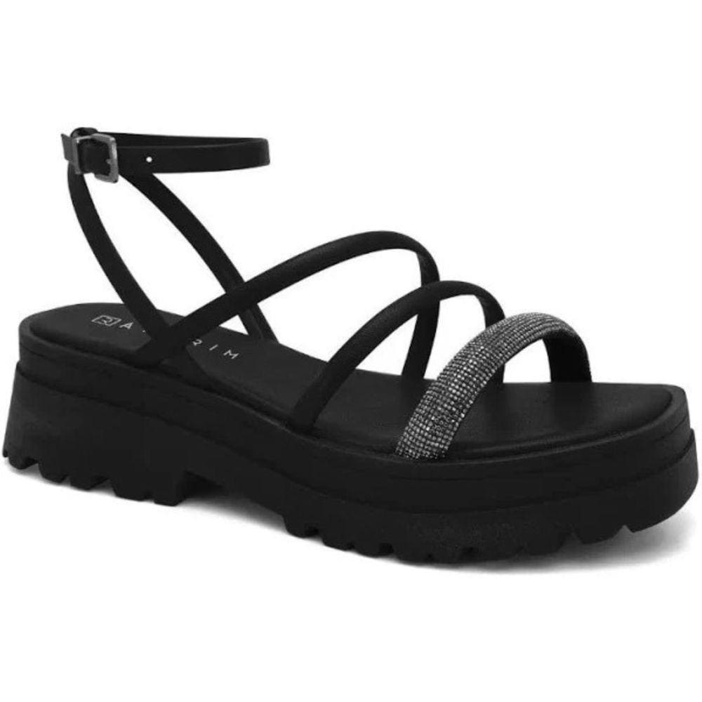 Sandália Ramarim Feminina Salto Flatform Baixo Strass Preto