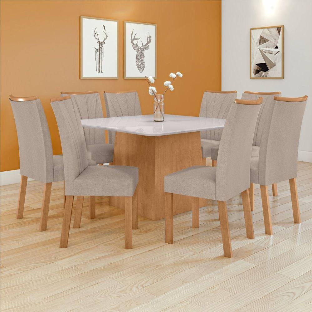 Conjunto Mesa 130cm Nevada com Vidro Plus com 8 Cadeiras Apogeu Amêndoa Clean/Off White/ Bege
