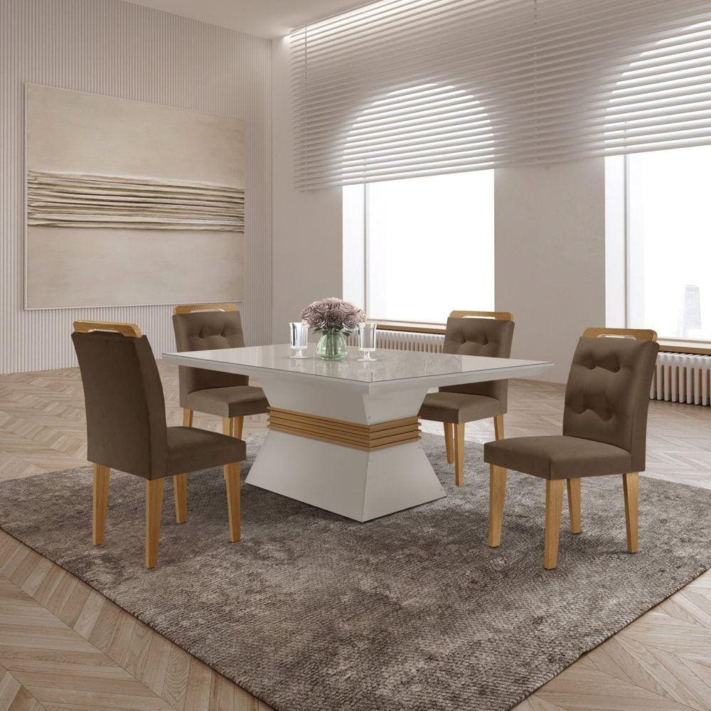 Mesa Clarice 120 Tampo Mdf Vidro/canto Reto 4 Cadeiras Valentina Marrom/Off White/Off White/Imbuia/Serig. Off