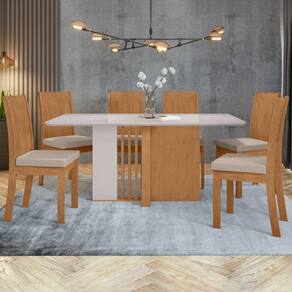 Conjunto Mesa 160cm Astrid com Vidro e 6 Cadeiras Athenas Amêndoa Clean/Off White/Bege