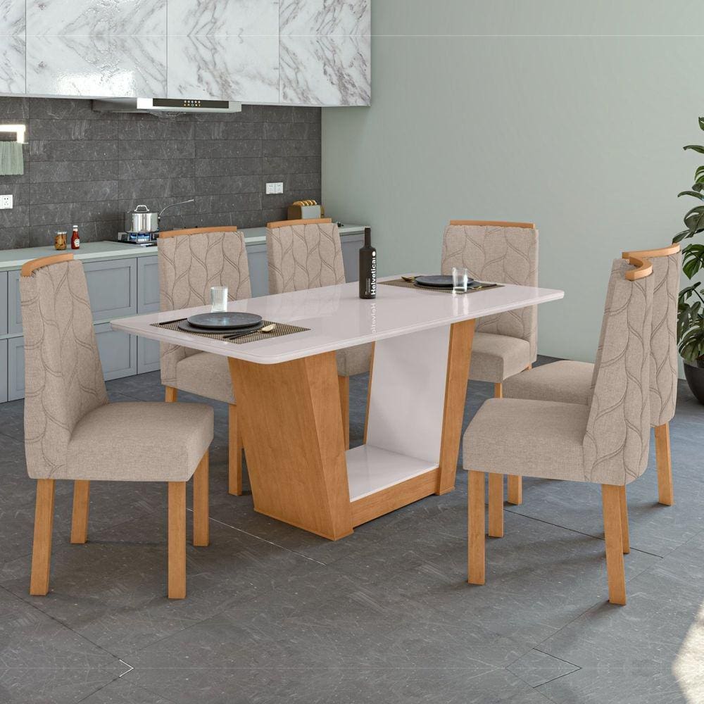 Conjunto Mesa 170cm Apogeu com Vidro e 6 Cadeiras Astrid Amêndoa Clean/Off White/ Bege