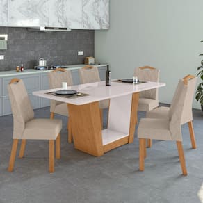 Conjunto Mesa 170cm Apogeu com Vidro e 6 Cadeiras Venus Amêndoa Clean/Off White/ Bege
