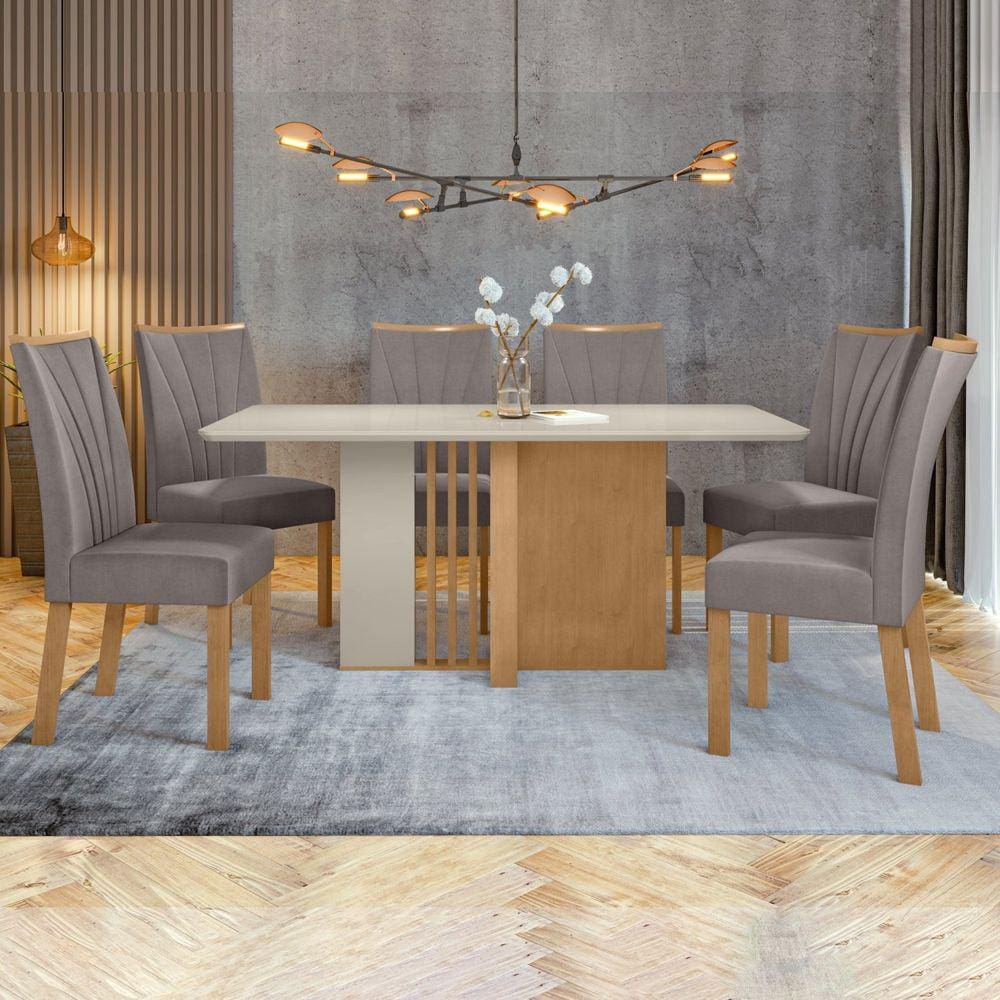 Conjunto Mesa 170cm Astrid com Vidro e 6 Cadeiras Apogeu Amêndoa Clean/Off White/Capuccino