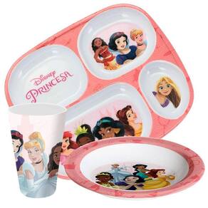 Jogo Refeição Infantil Princesas Disney 3 Peças Prato Divisória, Prato Fundo e Copo Melamina - Tuut