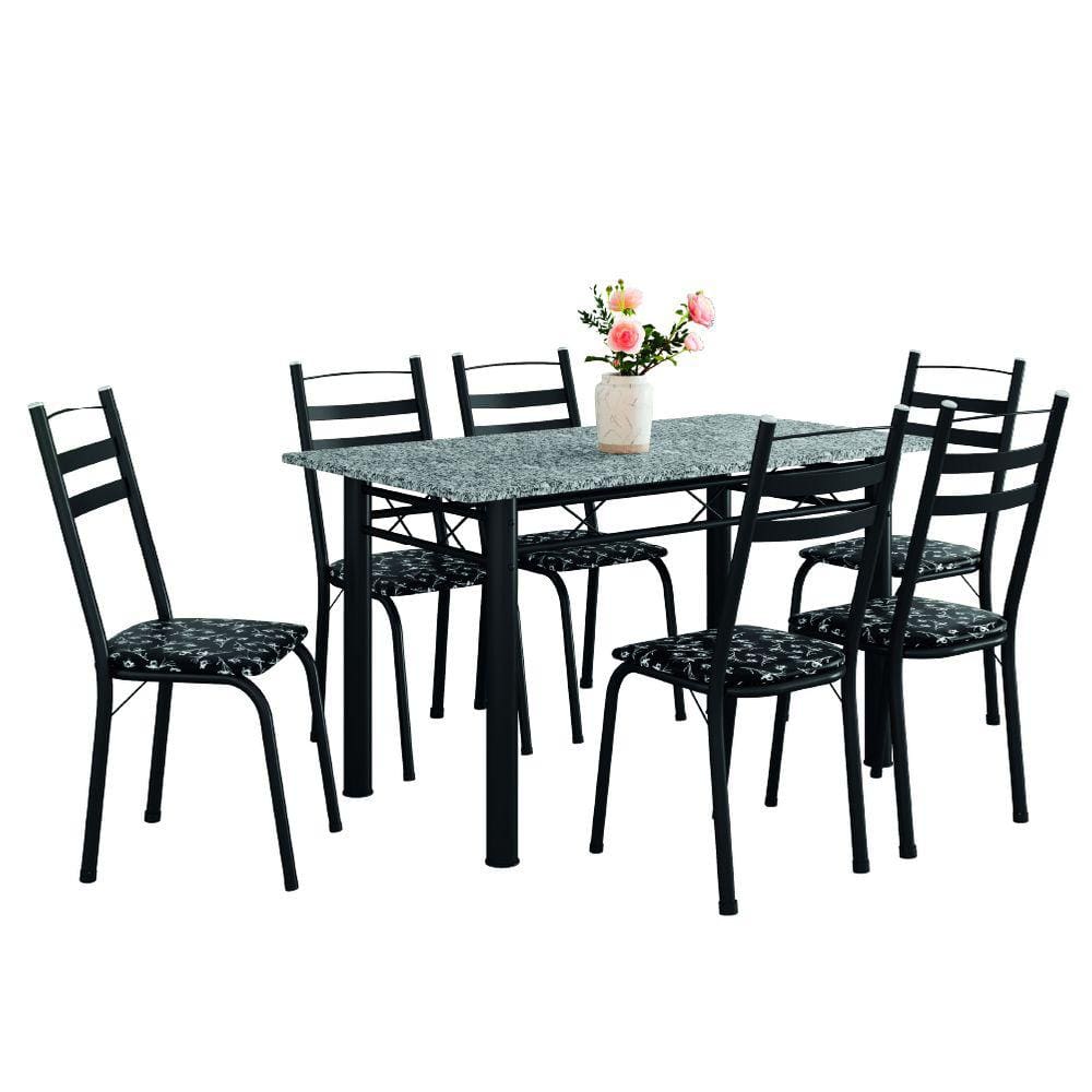 Conjunto De Mesa Itália Com 6 Cadeiras 1,40m Preto/Floral Granito Artefamol