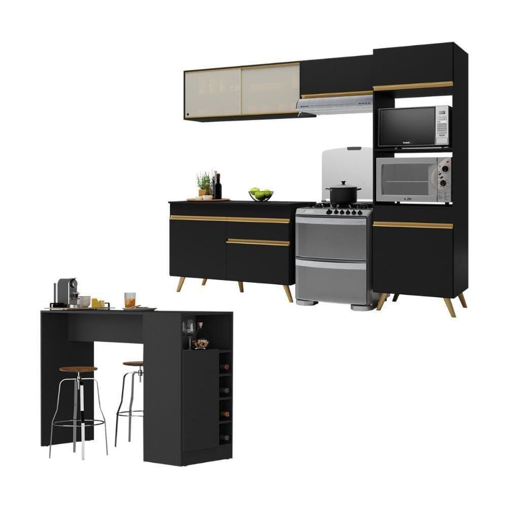 Armário De Cozinha Modulado Com Bancada Americana Multimóveis Mp2209 Preto/dourado Preto/dourado