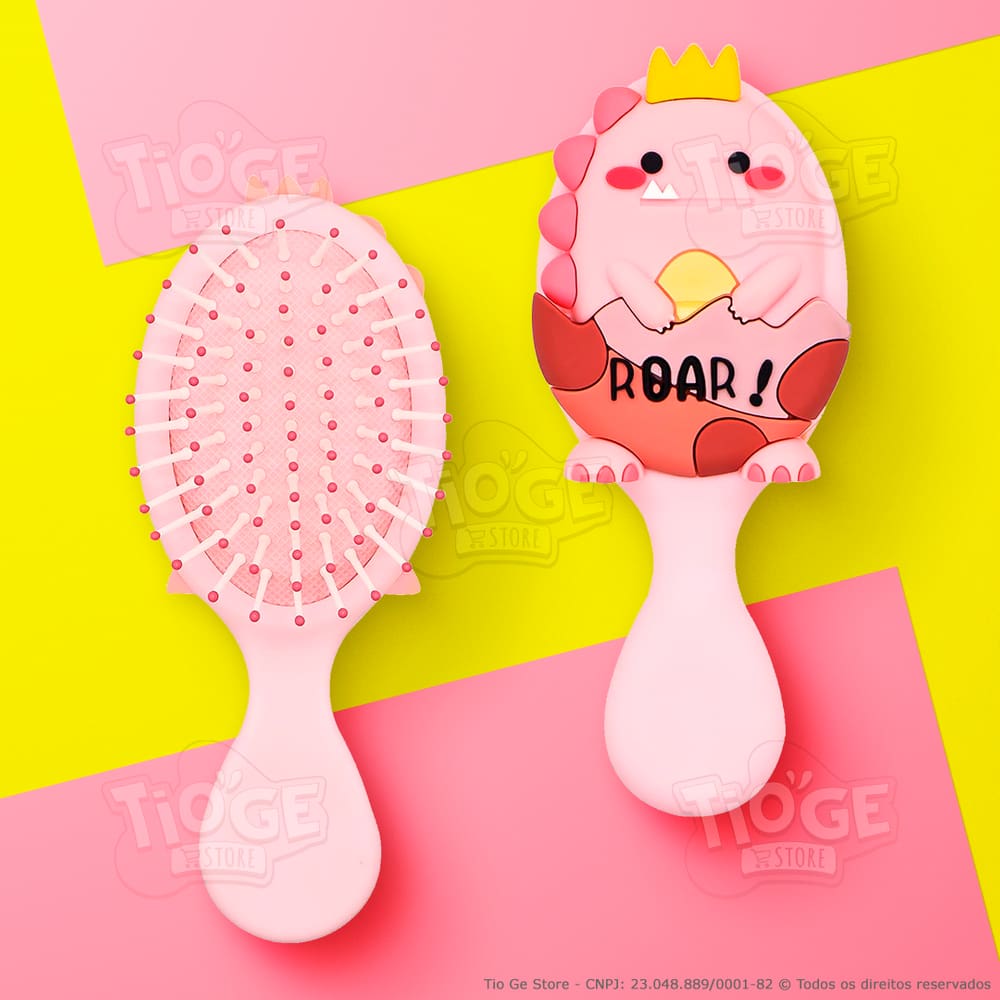 Escova de Cabelo Mini Dinossauro Fofa Infantil Desembaraçante Almofada Cerdas Ultramacias Rosa