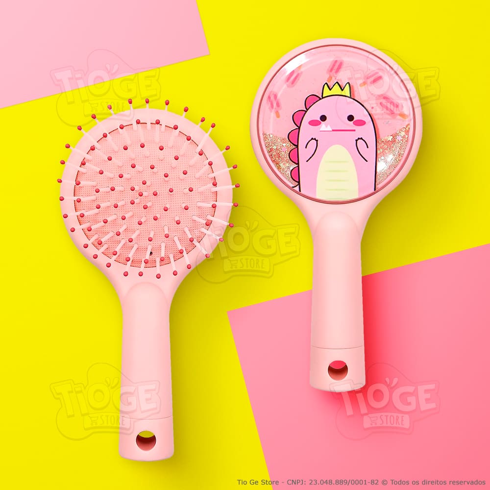 Escova de Cabelo Dinossauro Glitter Fofa Infantil Desembaraçante Almofada Cerdas Ultramacias Rosa