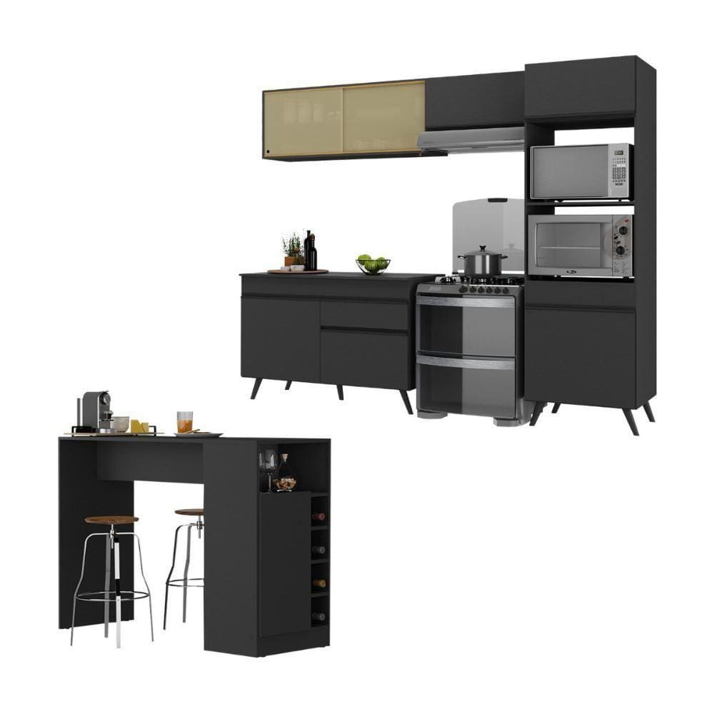 Armário De Cozinha Modulado Com Bancada Americana Multimóveis Mp2209 Preto Preto