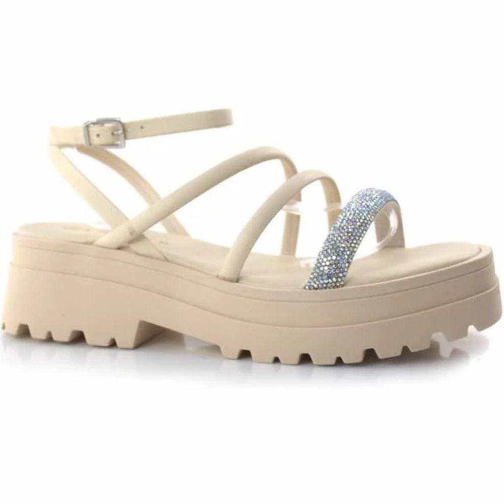 Sandália Ramarim Salto Flatform Baixo Strass Feminina Nude