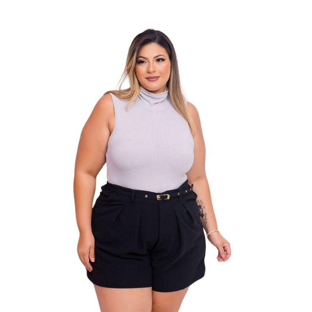 Conjunto Plus Size Blusa Gola Alta + Short Alfaiataria Cinto 0491