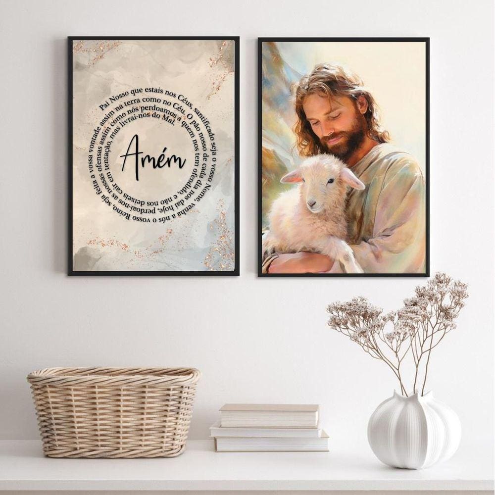Kit 2 Quadros Jesus Com Cordeiro - Oração 24X18Cm - Vidro