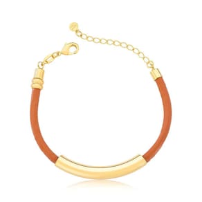 Pulseira de Couro Natural Caramelo com Canutilho Revestimento em Ouro