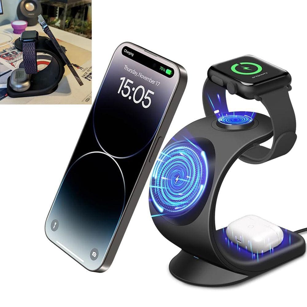 Carregador Induçao Rapido 3 Em 1 Carrega Celular Fone Relogio Wireless Carregamento Rapido Magnetico 15W Mesa Escrivania Balcao Escritorio Casa
