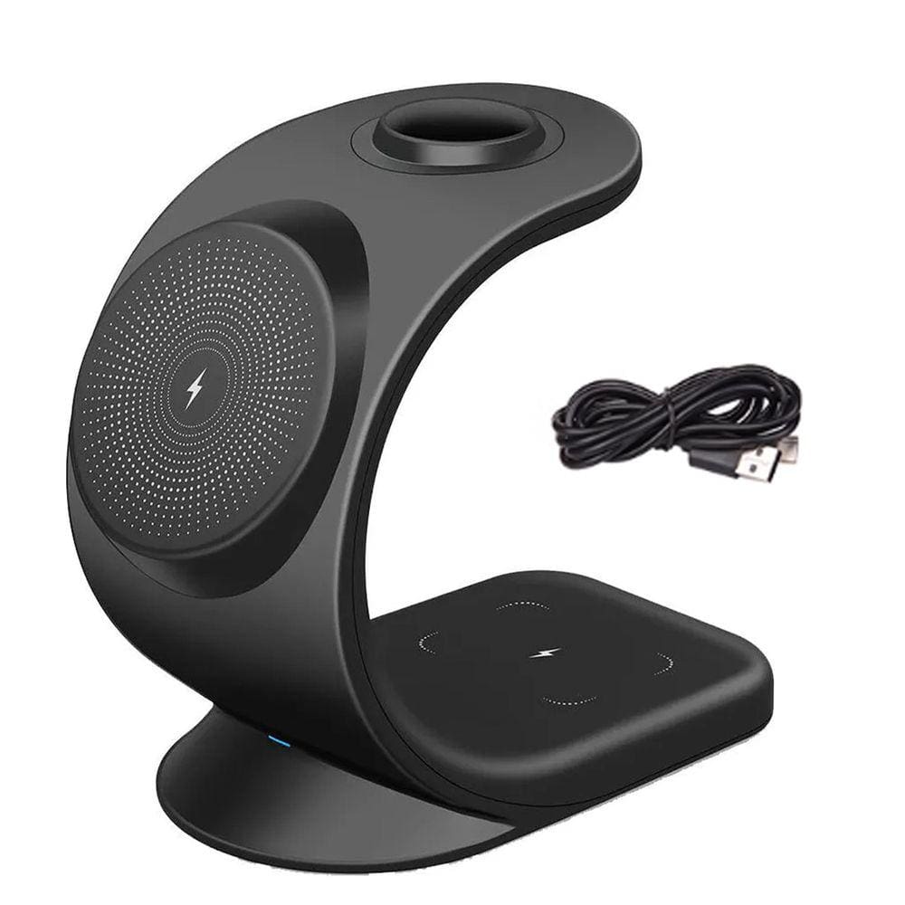 Carregador Induçao Rapido 15W Wireless 3 Em 1 Carrega Celular Fone Ouvido Relgio Magnetico Estante Mesa Escrivania Casa Escritorio Bancada
