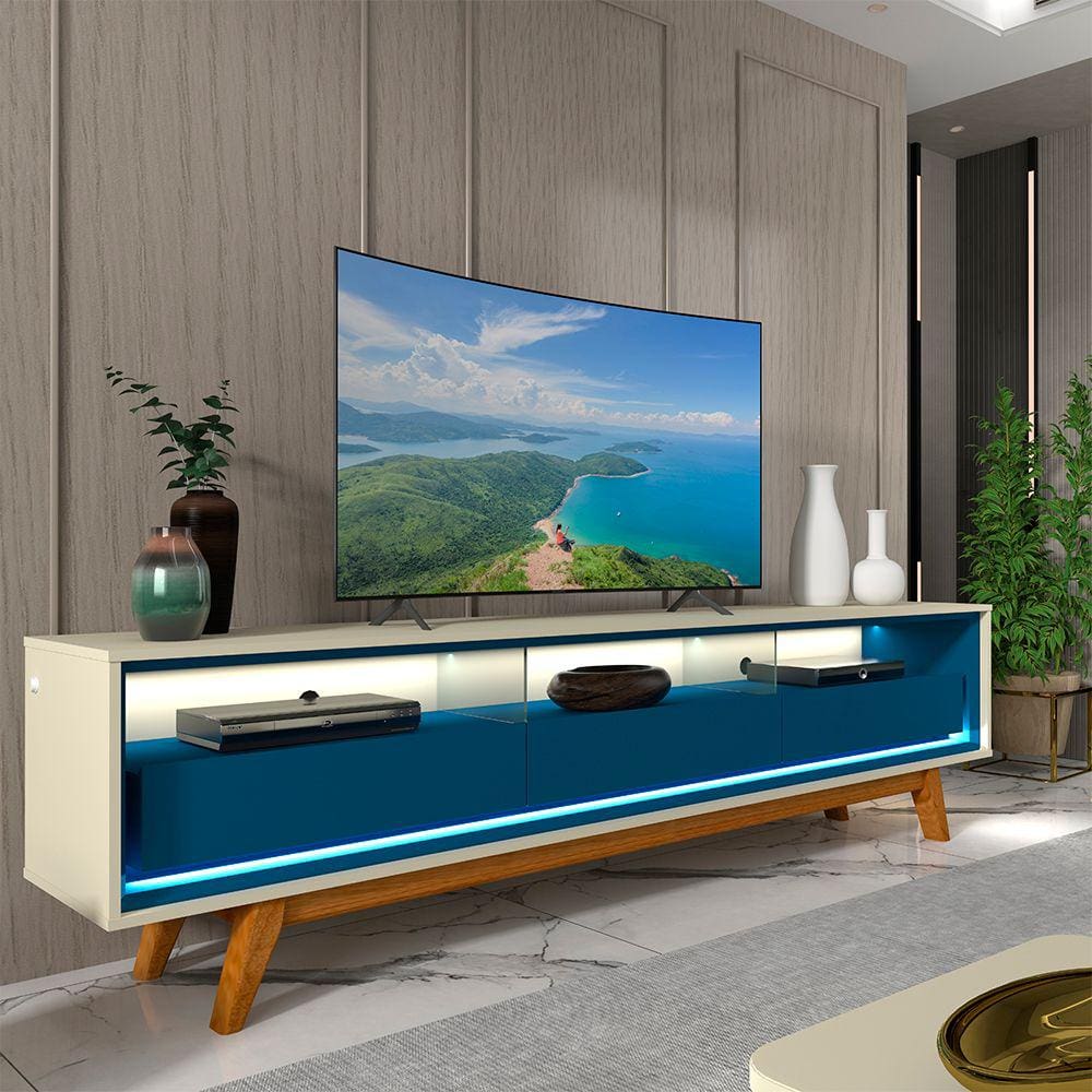 Rack Para Tv Até 75 Polegadas Requinte Com Led E Kit Pé Azul Royal Gelius