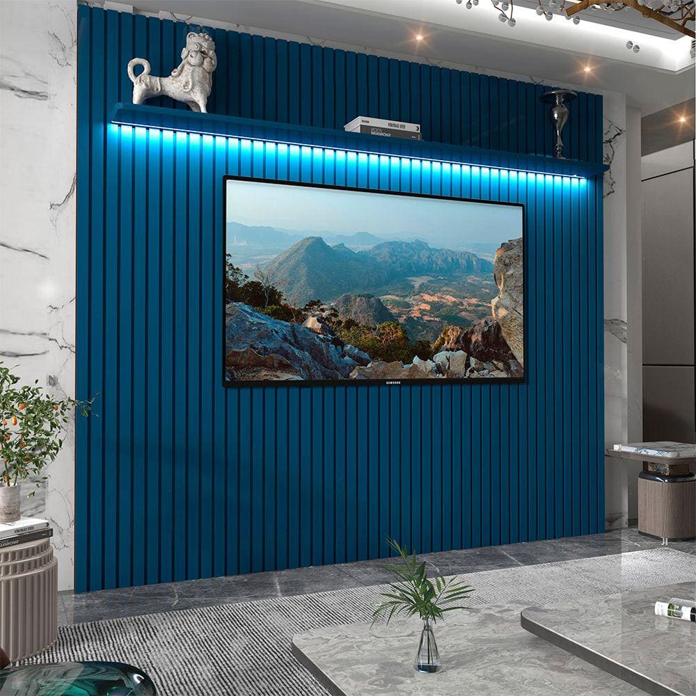 Painel Ripado Para TV Até 85 Polegadas Com Led Nobre 230 Azul Royal - Gelius Móveis