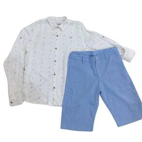 Conjunto Festa Zemar Masc Camisa Off e Bermuda Azul