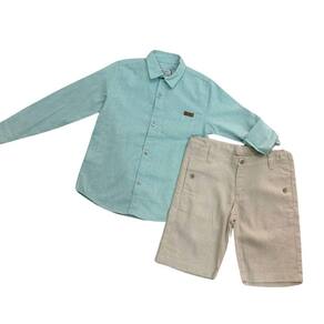 Conjunto Festa Zemar Masc Camisa e Bermuda Verde e Cru