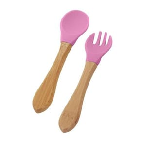 Kit Talheres Infantis De Silicone BPA Free Com Cabo de Bambu Rosa MImo Style