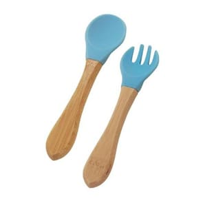 Kit Talheres Infantis De Silicone BPA Free Com Cabo de Bambu Azul MImo Style
