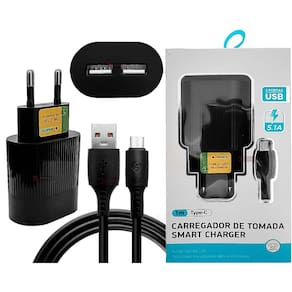 Cabo Tipo C Usb 1m + Carregador Fonte Tomada Com 2 USB 5.1A Ultra Rápido Resistente - Dados e Carga