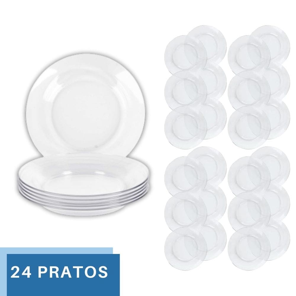 Pratos de Vidro Transparente Liso Resistente Luxo - 24Un