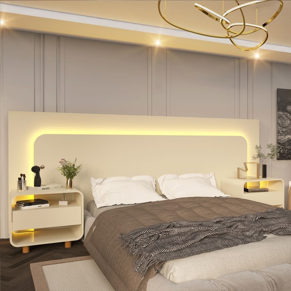 Cabeceira Led Com 2 Mesas De Cabeceira Box 140/160/195 Innova Off White - Gelius Móveis