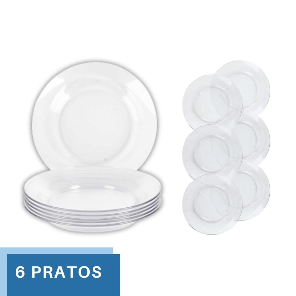 Pratos de Vidro Transparente Liso Resistente Luxo - 6Un