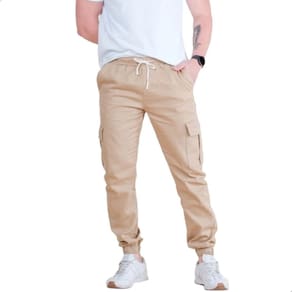 Calça Sarja Cargo Jogger Elástico Comprido Bolso Com Punhos