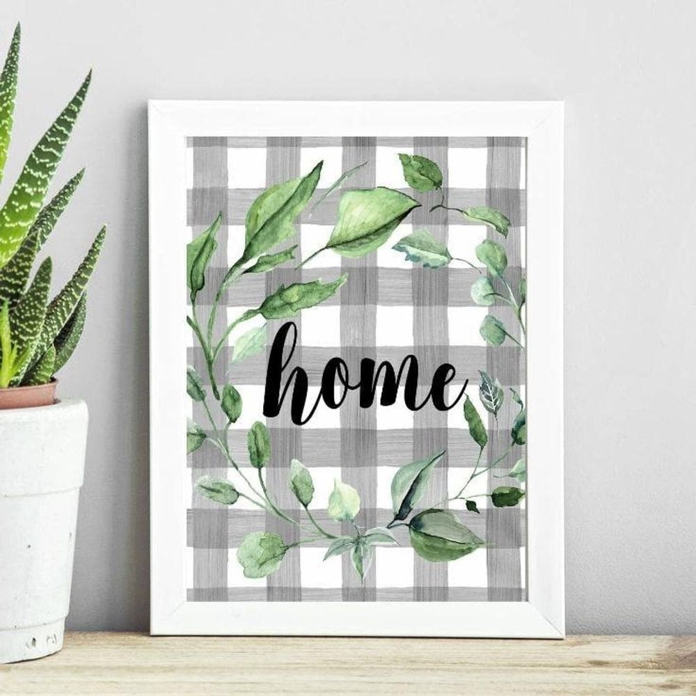 Quadro Home - Cinza Com Folhas 24X18Cm