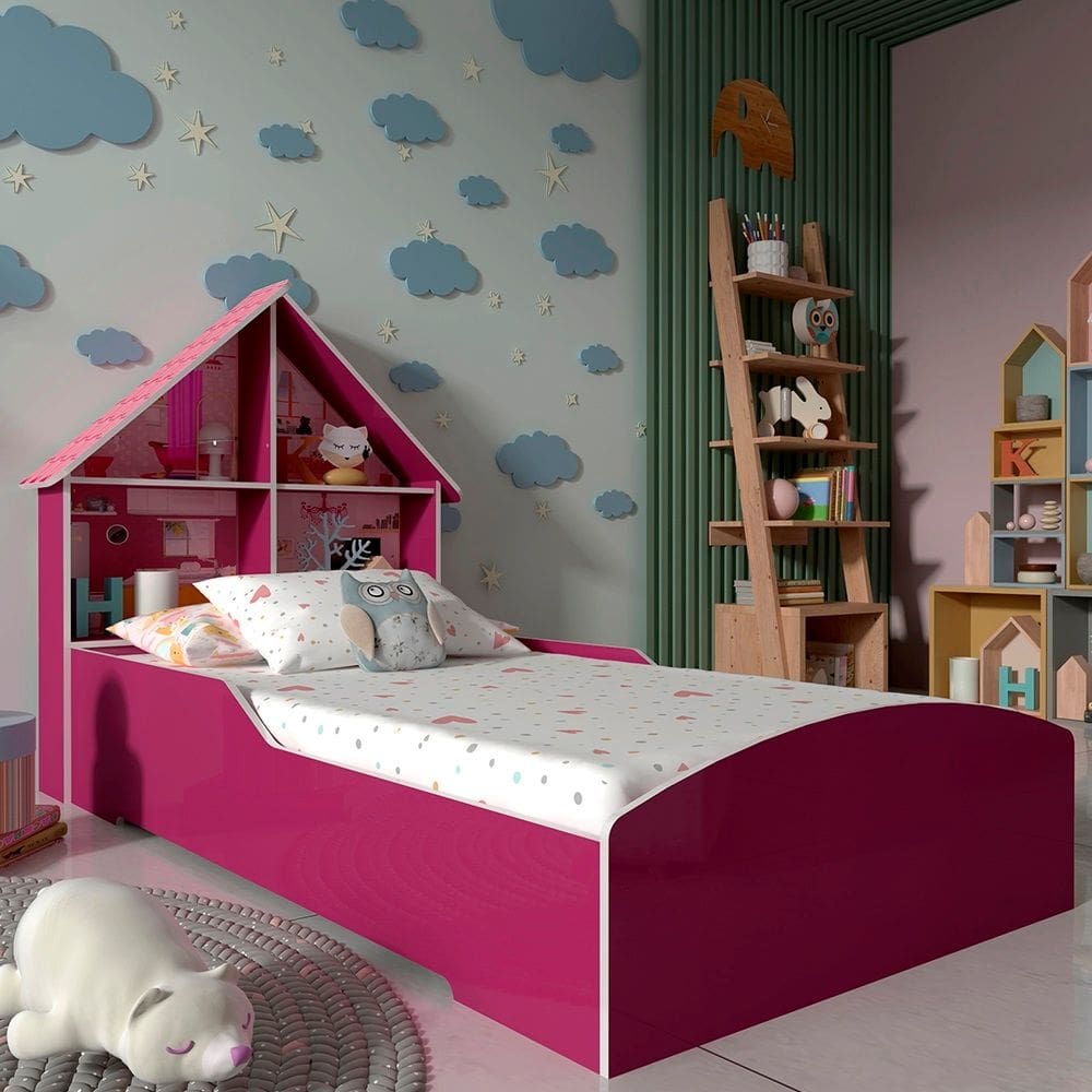 Cama Infantil Menina Casinha 090 Rosa Pink Ploc - Gelius Móveis