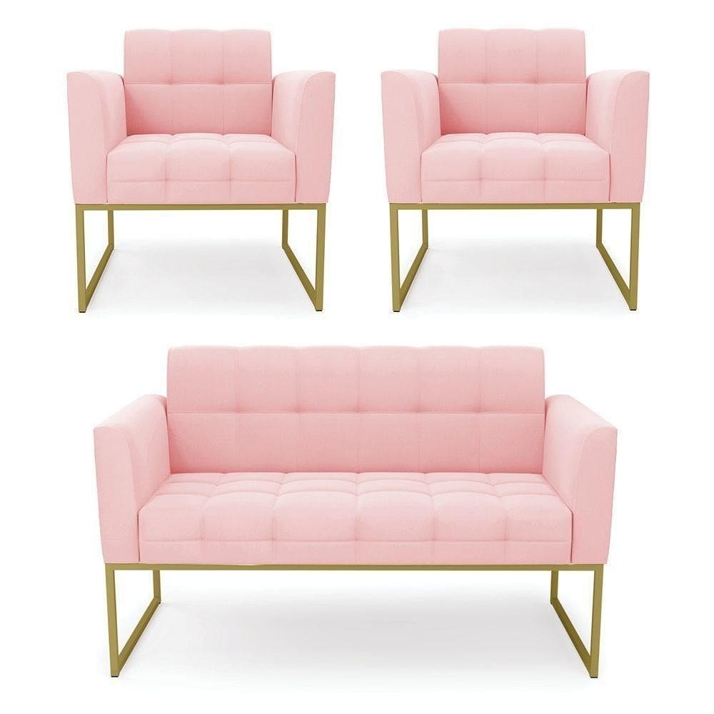 Kit 1 Sofá Namoradeira E 2 Poltronas Elisa Suede Rosa Bebê Base Metálica Industrial Dourada D`rossi