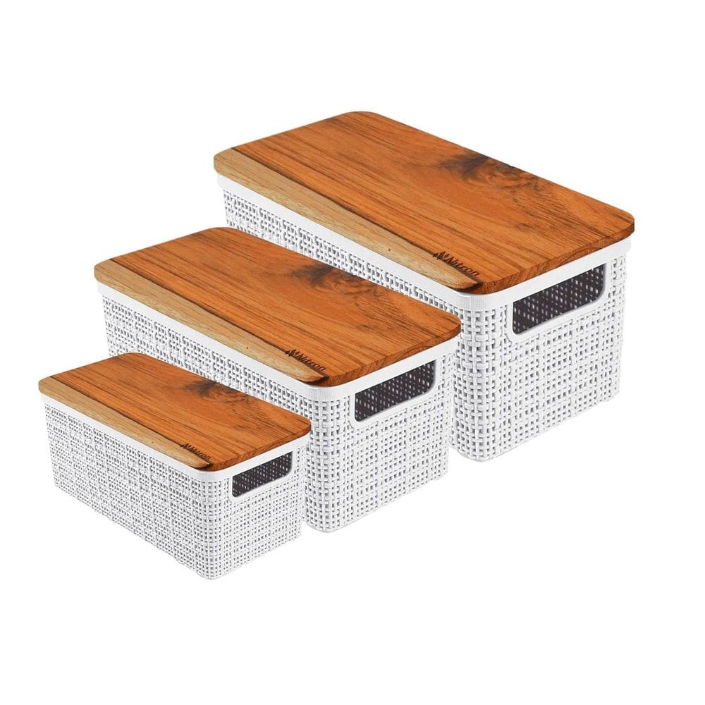 Kit 3 Cesto Organizador Juta de Plástico Resistente Com Tampa de Madeira Capacidade Branco