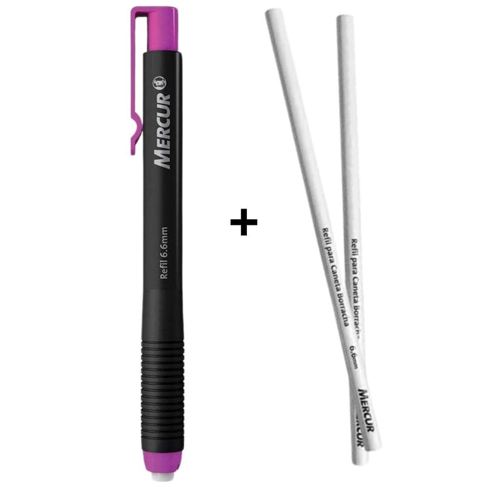 Kit Caneta Borracha 6.6mm Colorida Mercur + 02 Refil Escolar | Papelaria | Escritório