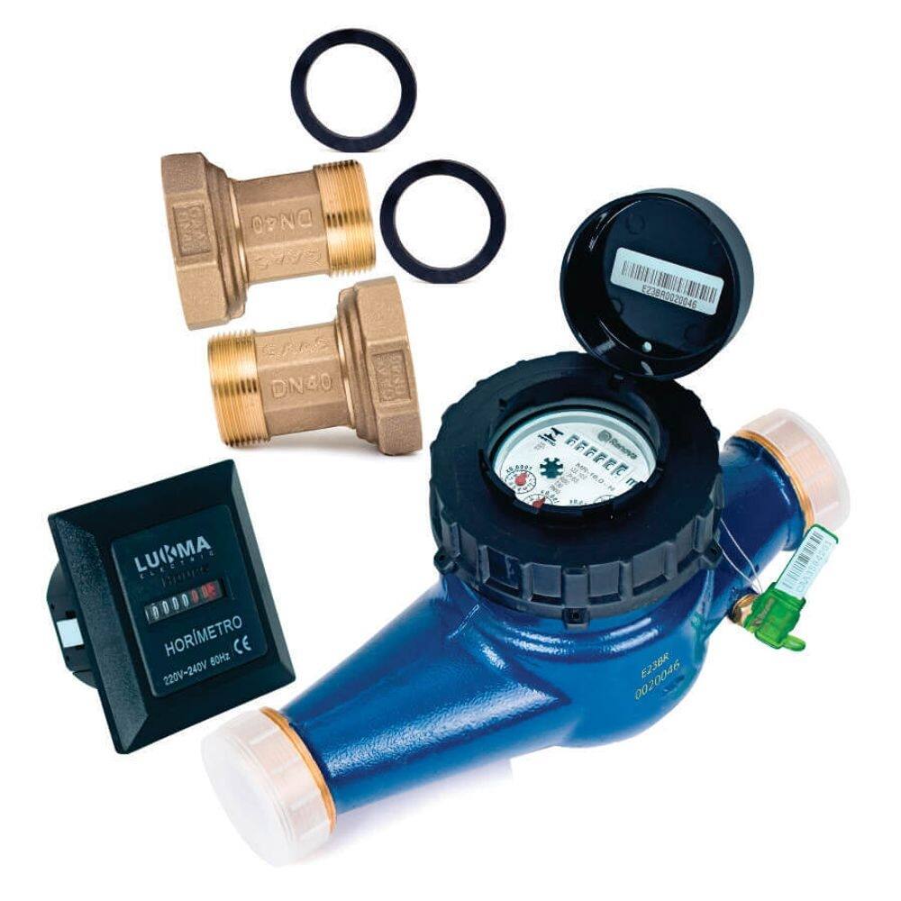 Hidrômetro Multijato 1.1/2`` 20m³/h | Range 80 + Conjunto de Conexão 1.1/2" + Horimetro 220V