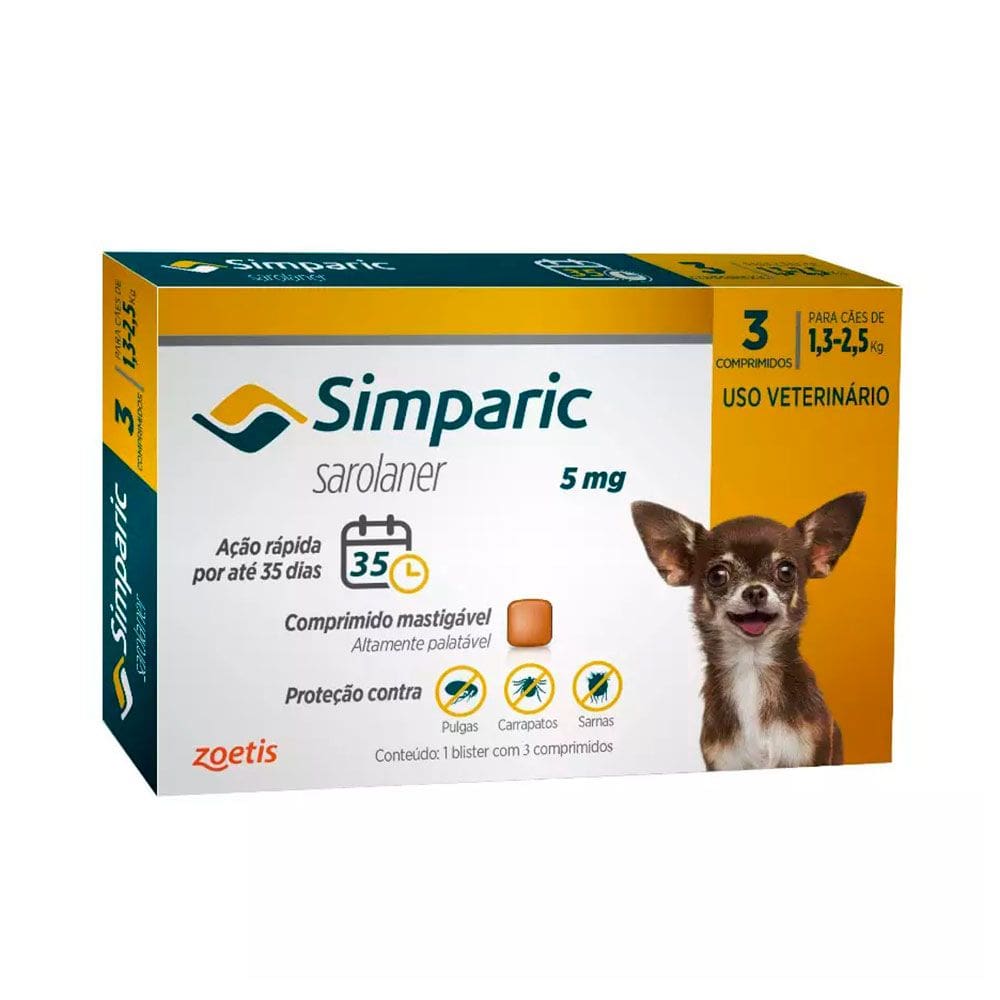 Simparic Antipulgas e Carrapatos 5mg Para Cães 1,3 a 2,5kg 3 Comprimidos