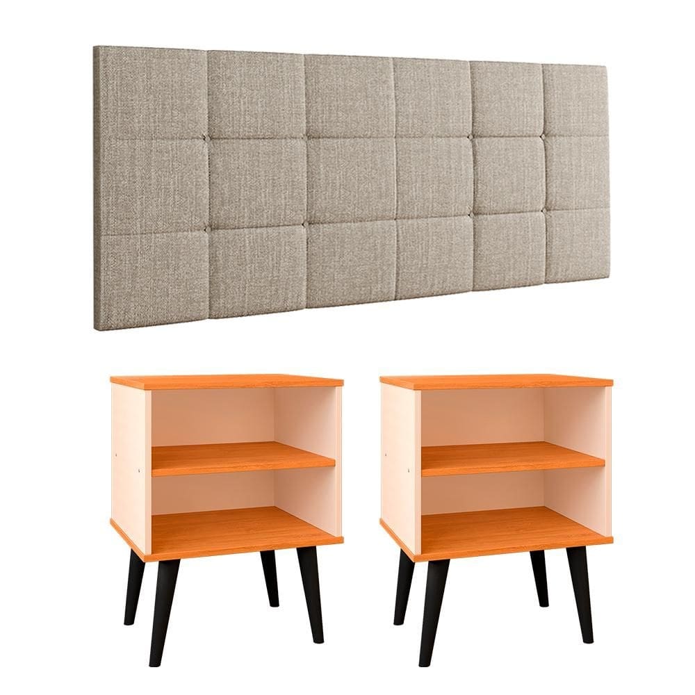 Kit 2 Mesinhas Canto Lateral Nicho Decoração Retrô Cabeceira Suspensa Almofadada Painel Cama Box Casal 1,40 Quarto Completo - RPM