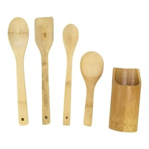 Kit Cozinha Com Suporte E 4 Talheres Em Bambu