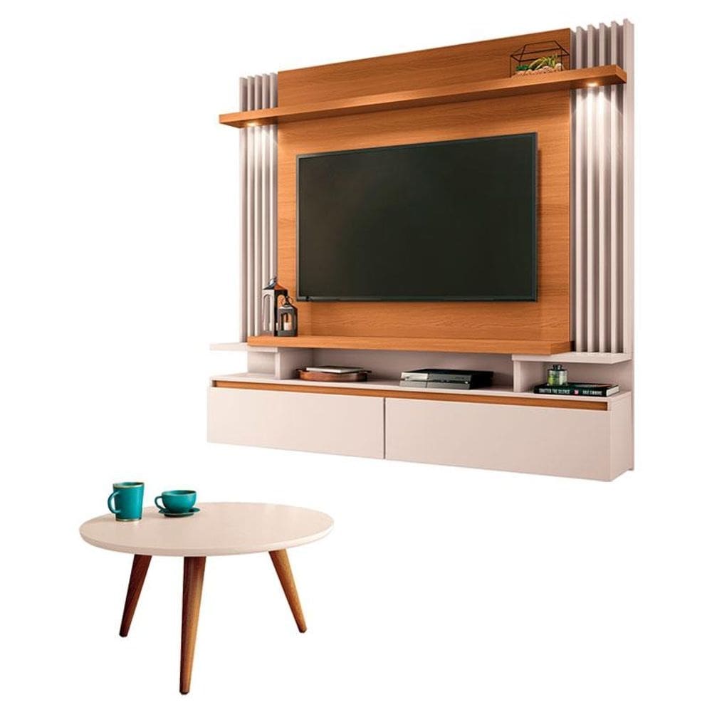 Painel para TV Home Suspenso Cosmo e Mesa de Centro Sorelle Cinamomo Off White - HB Móveis