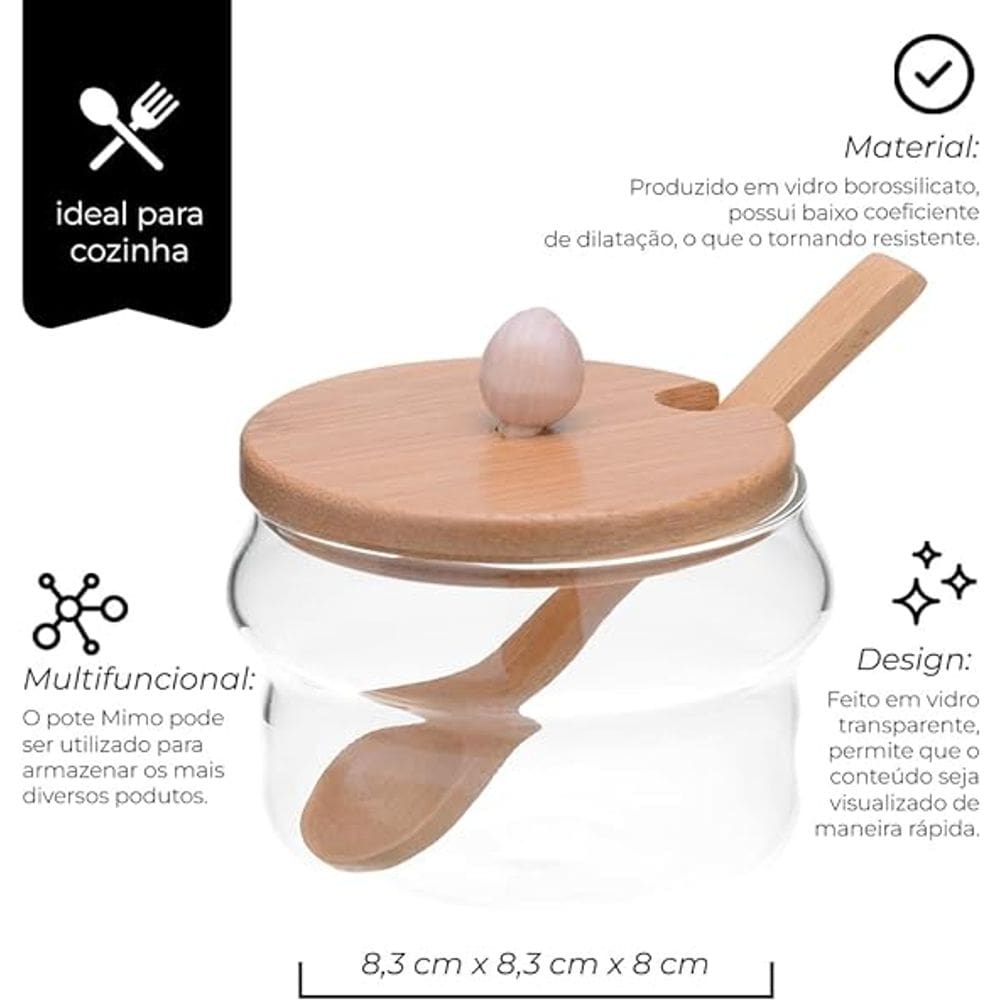 Açucareiro de Vidro Borossilicato Com Tampa e Colher de Bambu Mimo Style