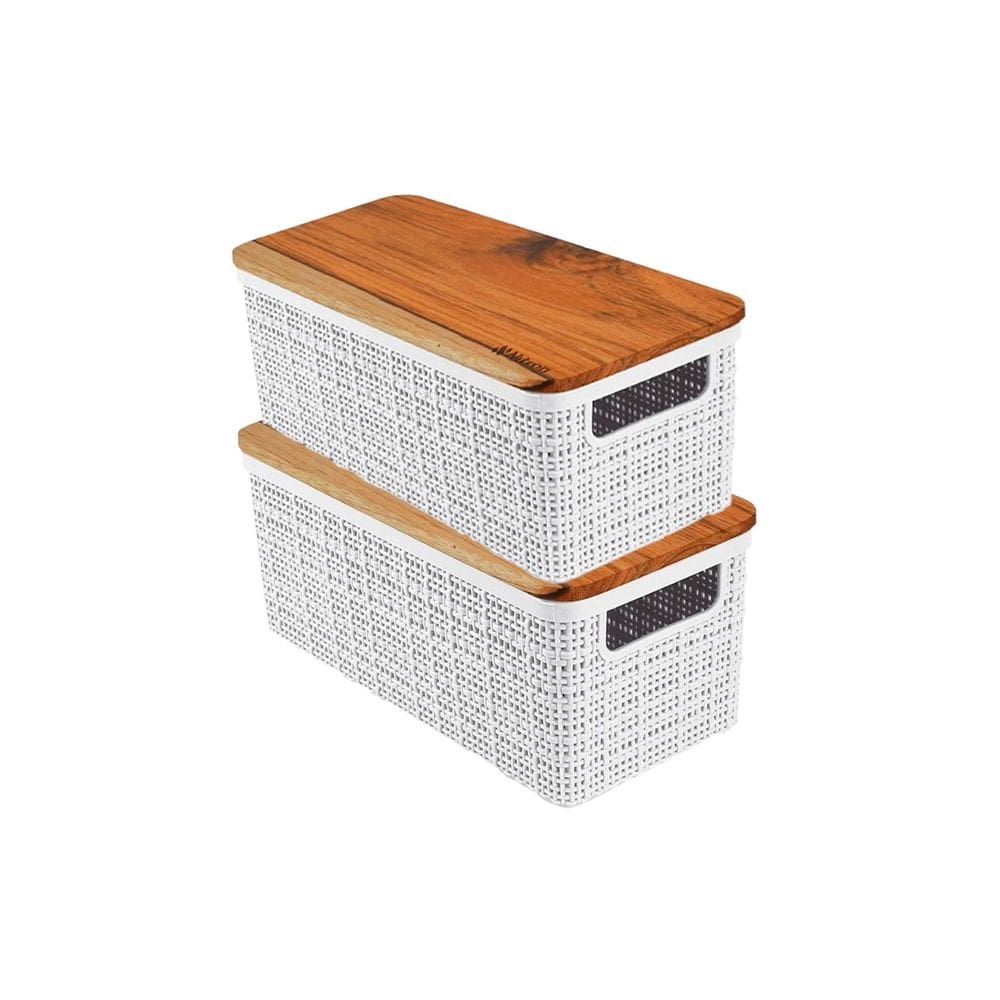 Kit 2 Cesto Organizador Juta de Plástico Resistente Com Tampa de Madeira Capacidade 1,5 Litros Branco