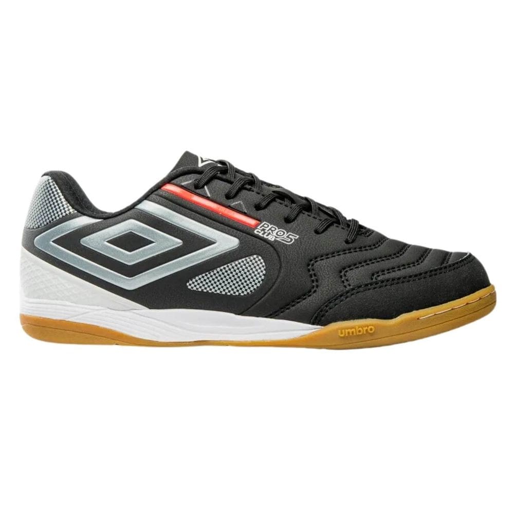 Chuteira Futsal Umbro Pro 5 Bump Club Preto/Prata/Coral