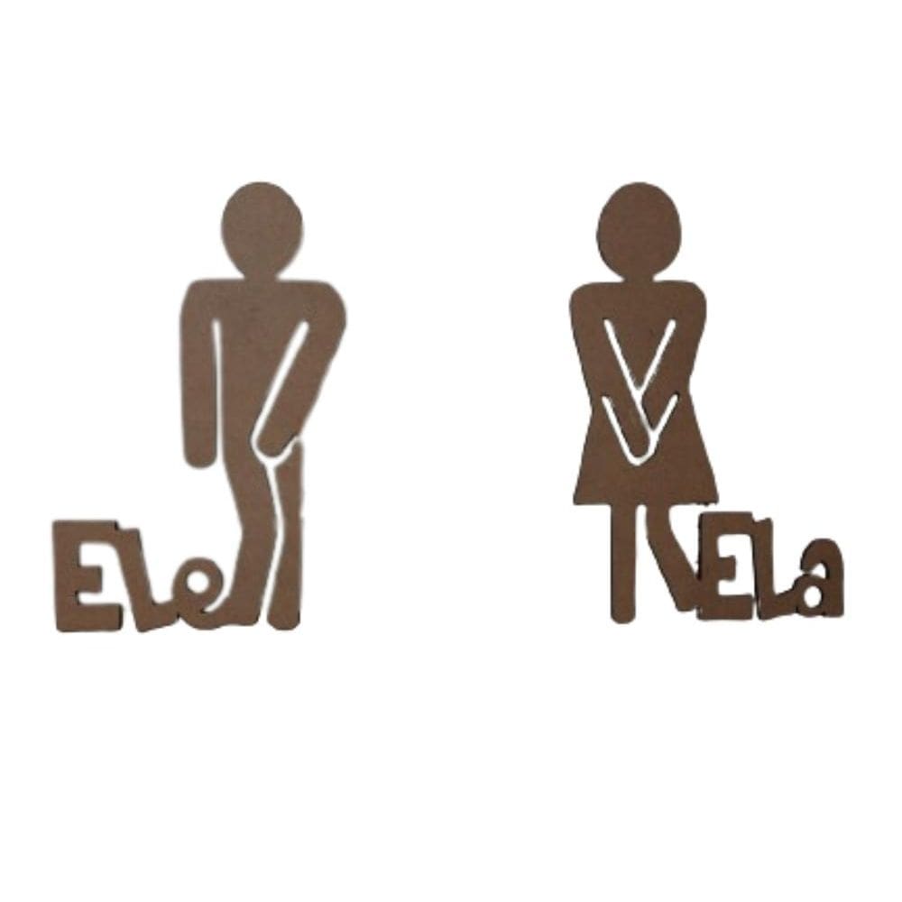 Plaquinha Para Banheiro Ele Ela Par Kit 2 Peças Natural [F031]