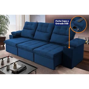 Sofá Retrátil Reclinável Verona USB + Porta Copo 2,30m Suede Velut Azul c/ Molas no Assento - King House