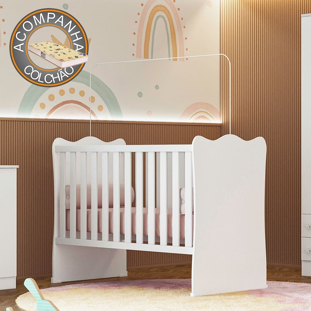 Berço Simples Doce Sonho 1 Qmovi Branco + Colchão Gazin